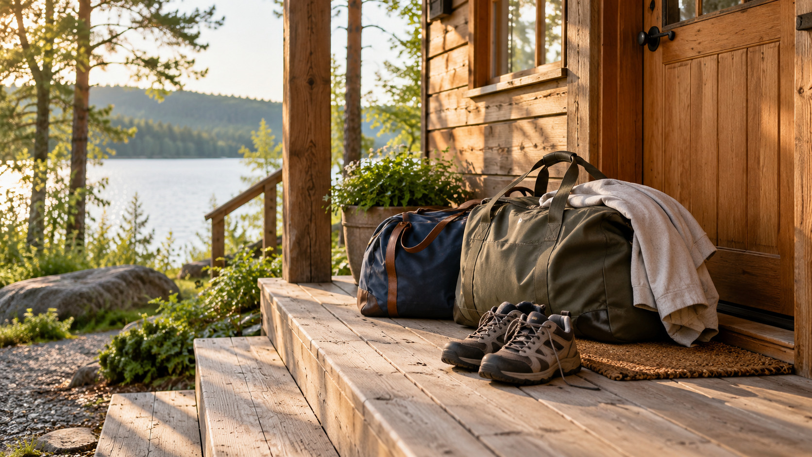 Two weekend bags, walking shoes and a light jacket on a wooden cabin porch beside a lake.