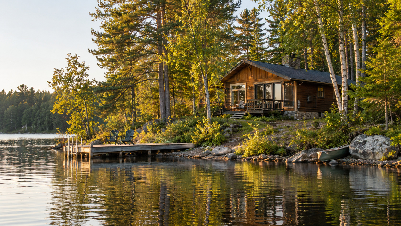 A small wooden cabin among trees, with a simple dock at the edge of calm water.