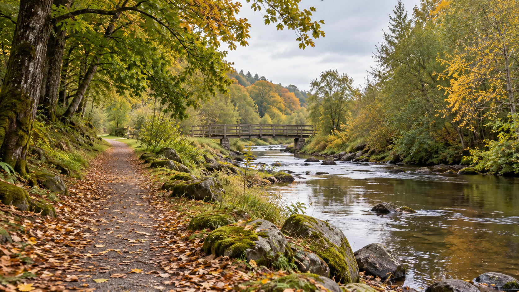 An autumn path follows a river toward a small wooden footbridge.
