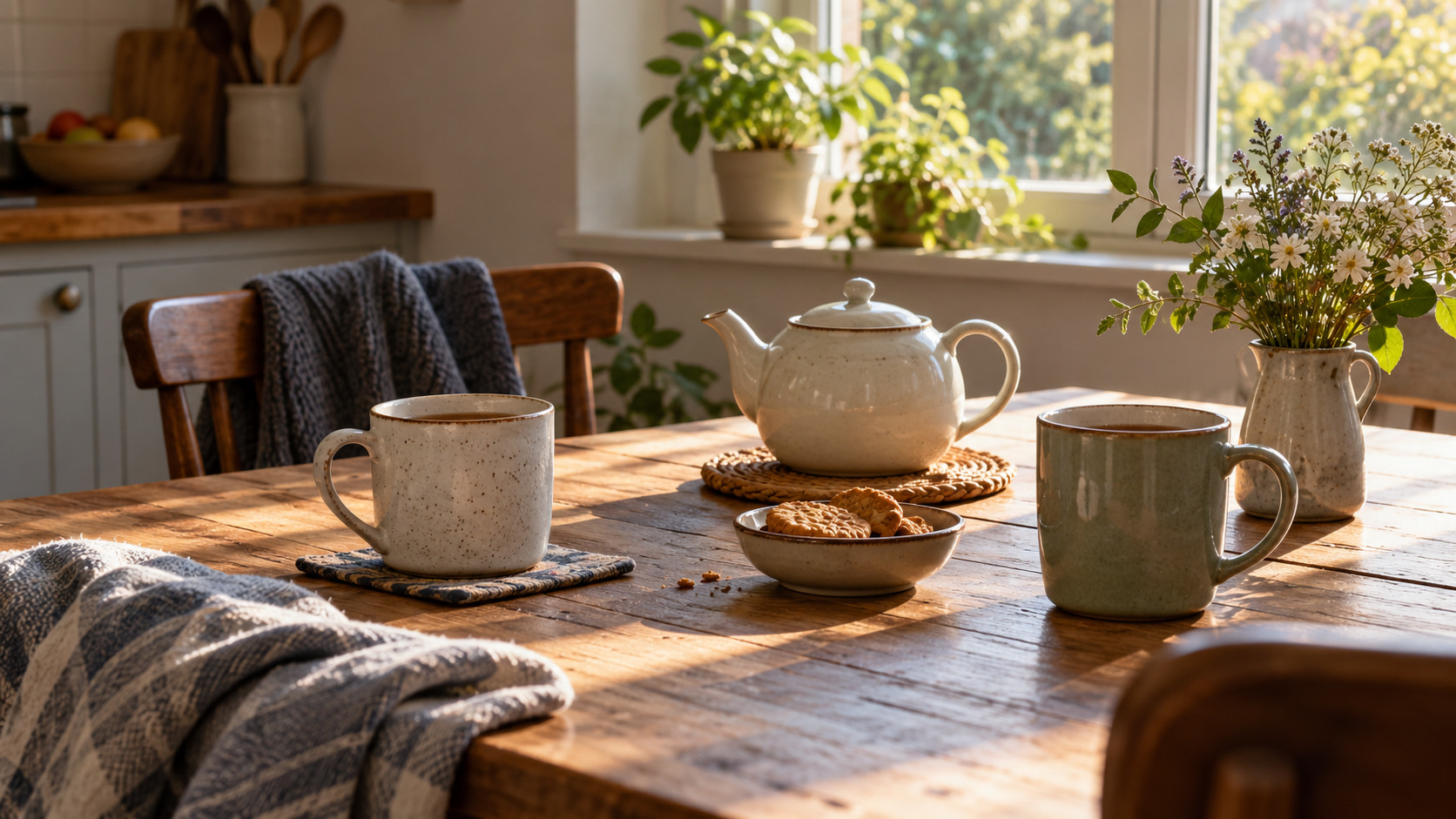 Two ceramic mugs and a teapot on a wooden kitchen table in soft window light.