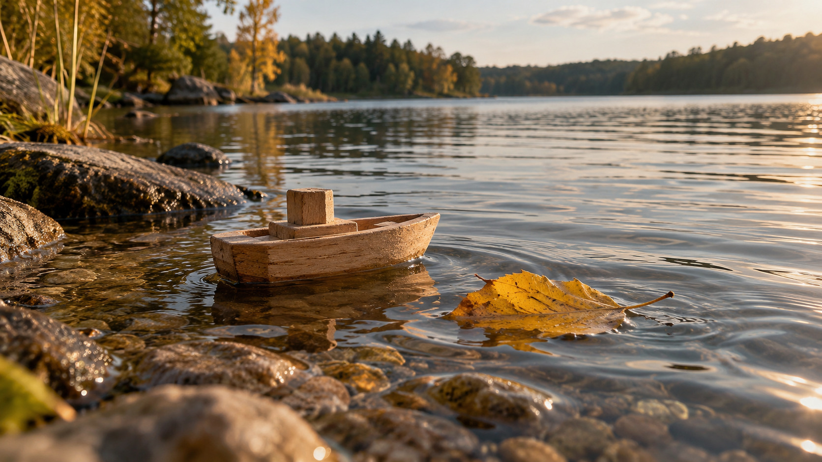 A small wooden toy boat floats beside a yellow leaf in shallow lake water.