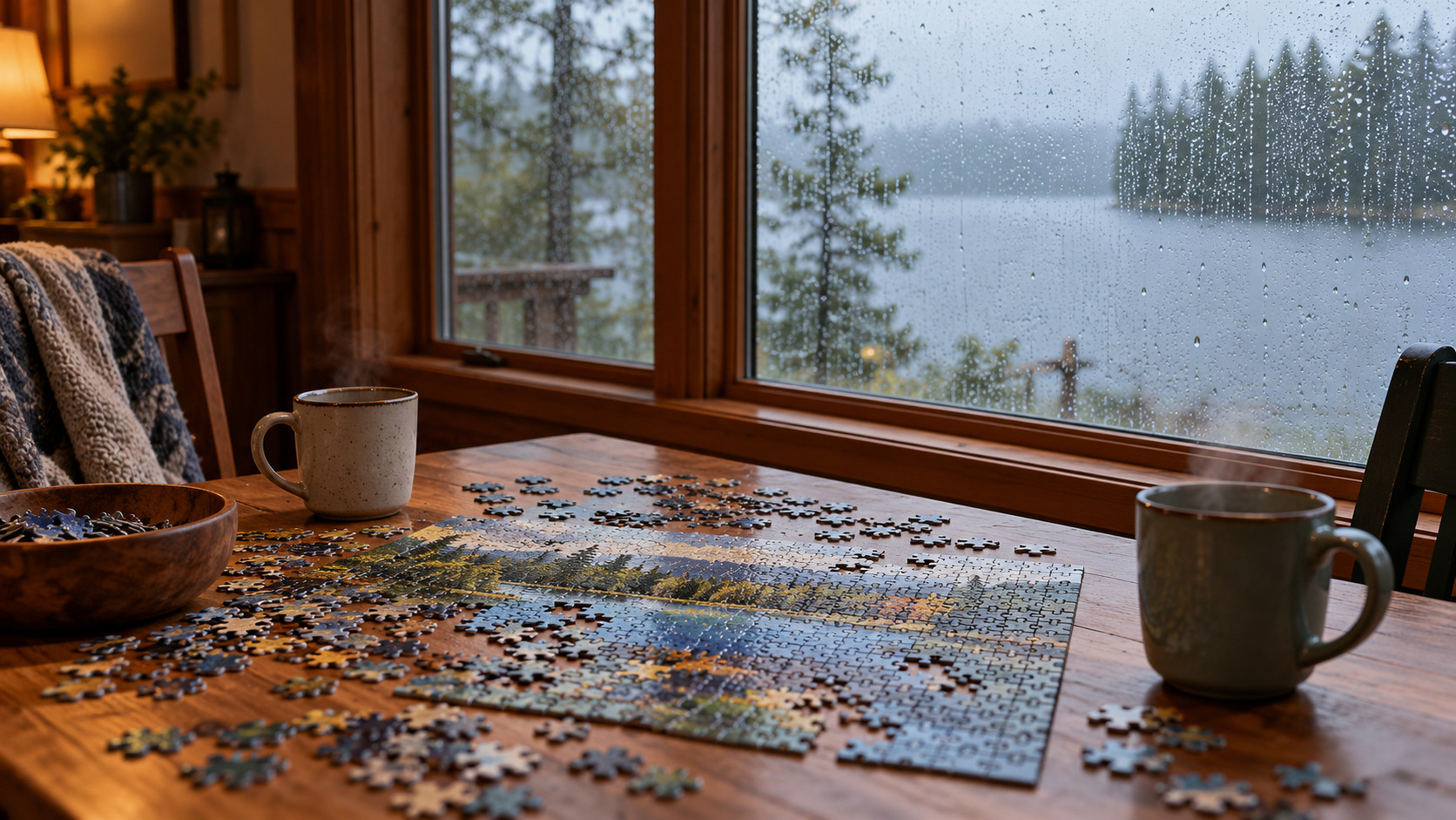 A partly completed jigsaw puzzle and mugs sit beside a rain-covered cabin window.