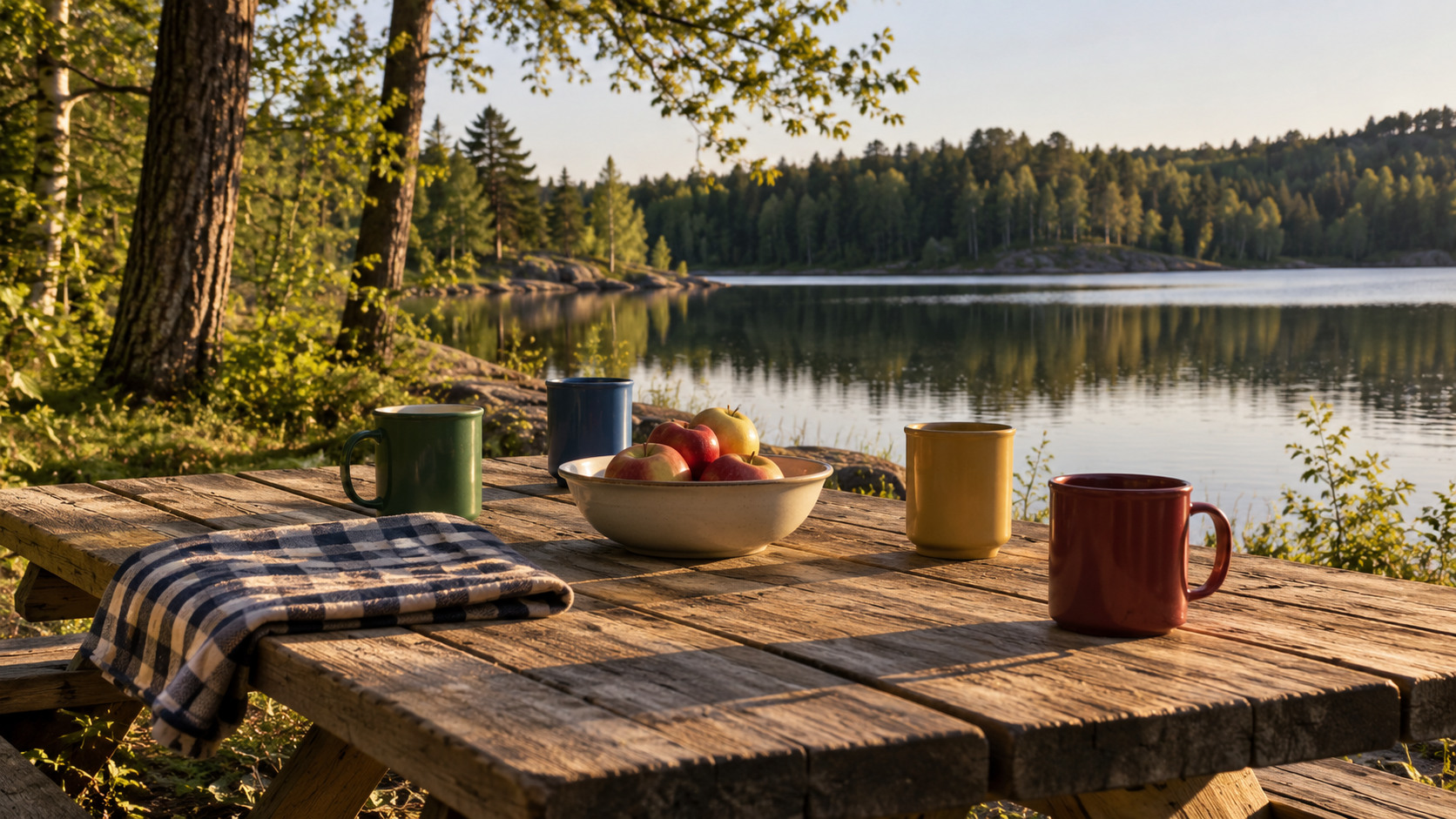 Four cups, apples and a folded cloth on an outdoor picnic table beside a lake.
