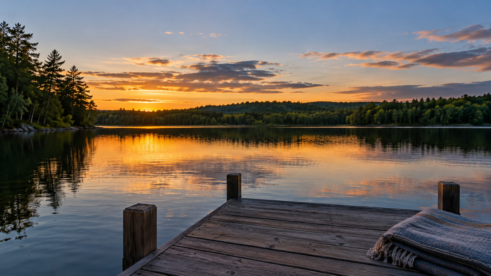 A quiet lake at dusk, seen from a wooden dock with a folded blanket near its edge.