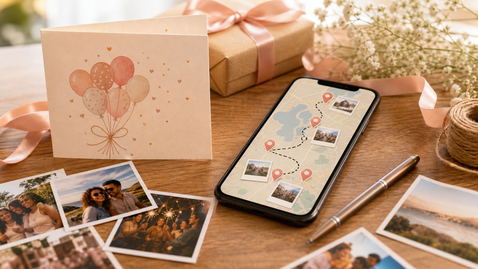A birthday card, photos, and phone arranged with map pins for a personal birthday message gift.