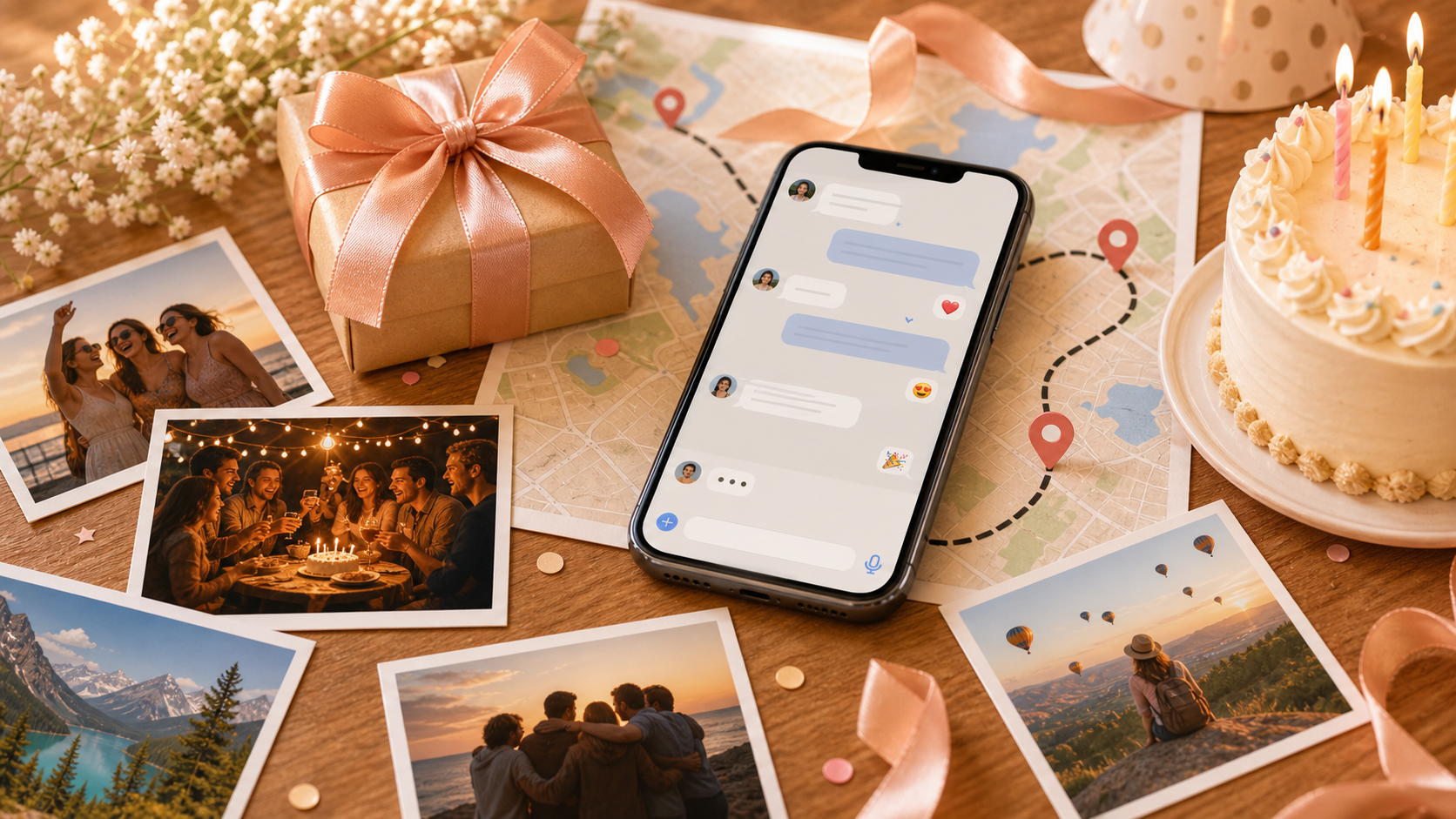 Phone with a thoughtful birthday message beside photos and a map-inspired birthday gift setup