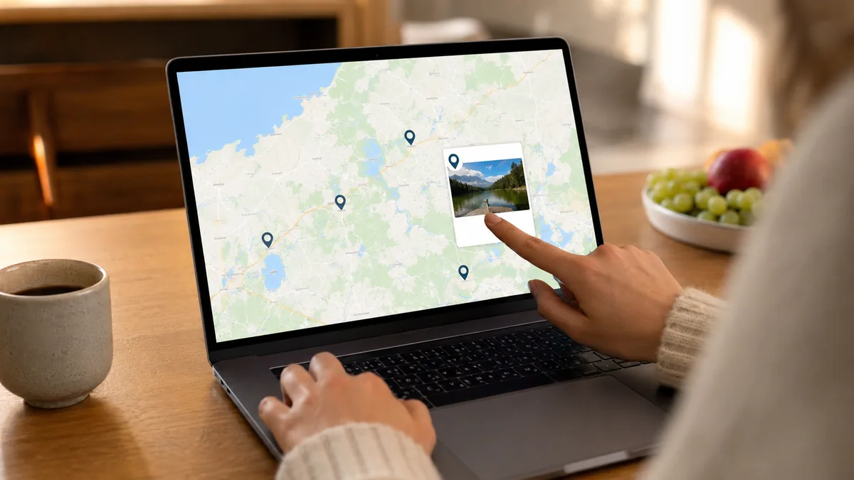 Person choosing map locations for a memory video collection
