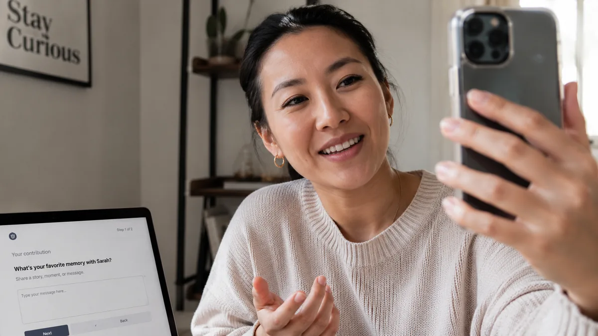 Person recording a video message for a group memory video