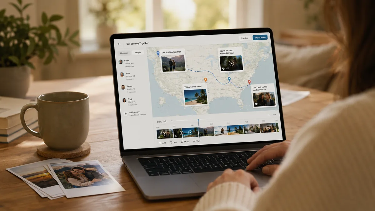 Laptop showing a memory map video maker with uploaded photos and locations