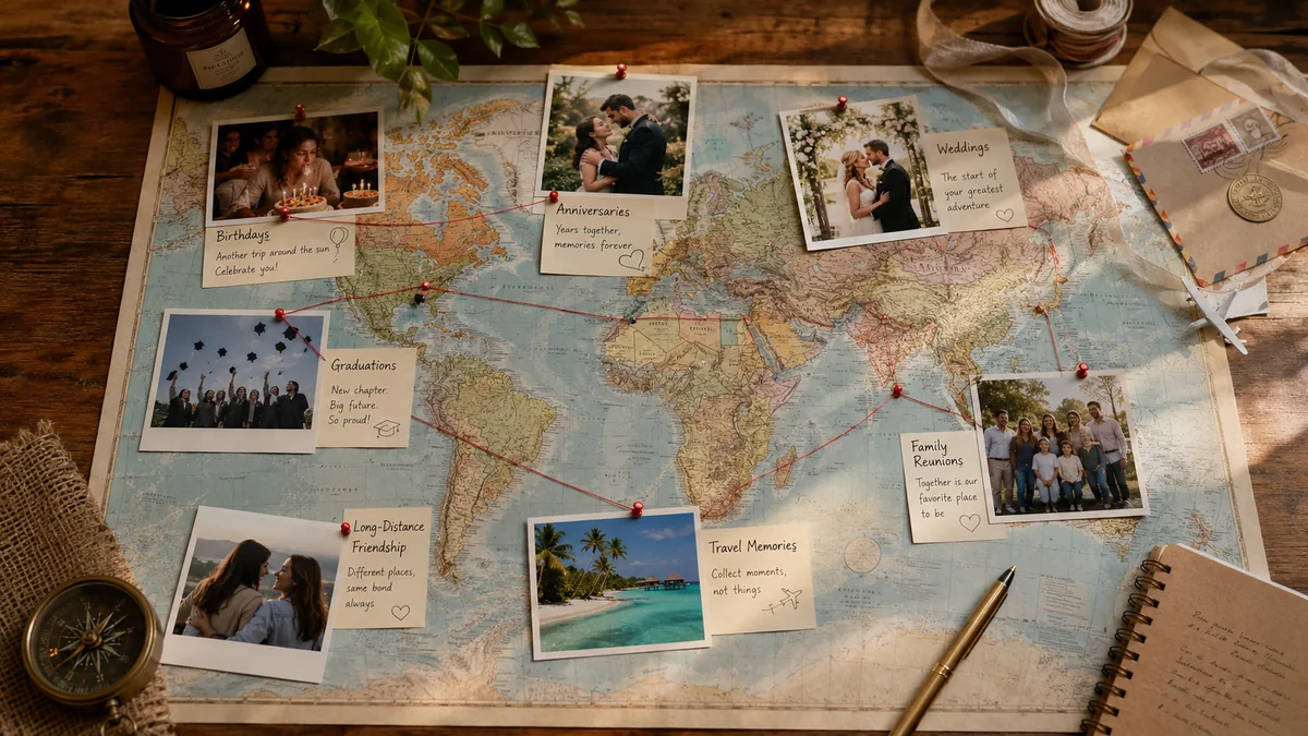 Printed photos arranged on a paper map for a memory map video