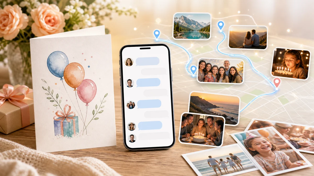 Special birthday greetings with photos, messages, and locations for an AlbumMap video gift.