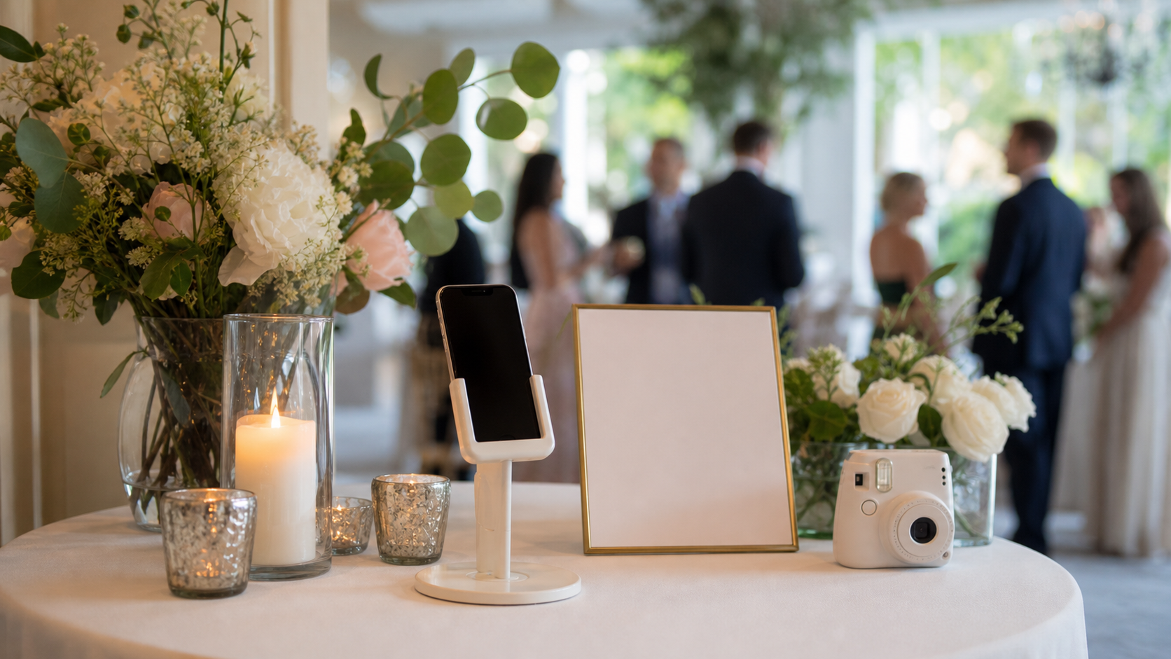 Wedding guests recording video messages at a reception table with a QR code sign