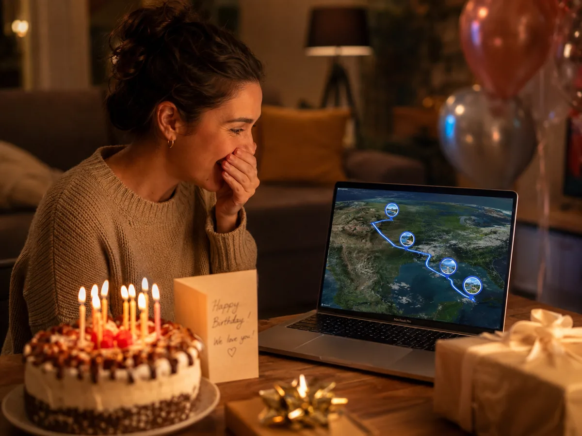 Birthday cake next to a laptop playing a map video gift