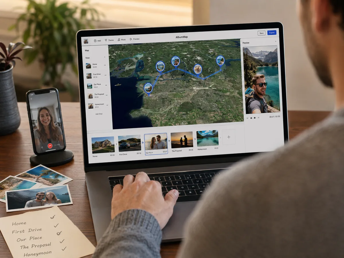 Laptop showing photos, messages, and locations for a personalized map video gift