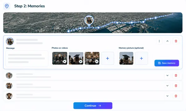 Album Map memory builder showing photos, videos, messages, and places.